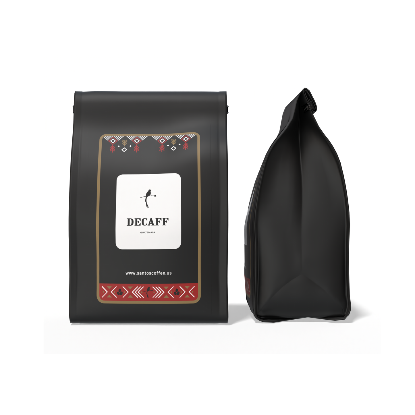 Front and side view of Santos Coffee Decaf Coffee bag labeled âCaffeine Free,â displayed on a clean white background.