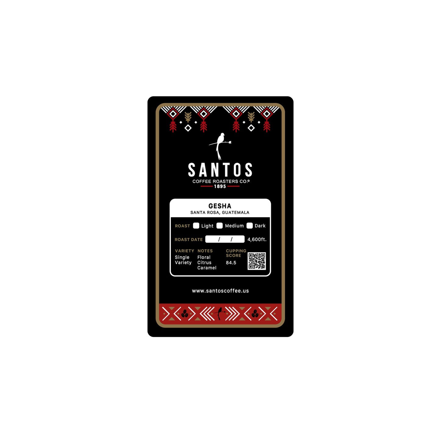 Close-up of Santos Coffee Gesha label showing Light roast, elevation 4,600 ft, and flavor notes of floral, citrus, and caramel.