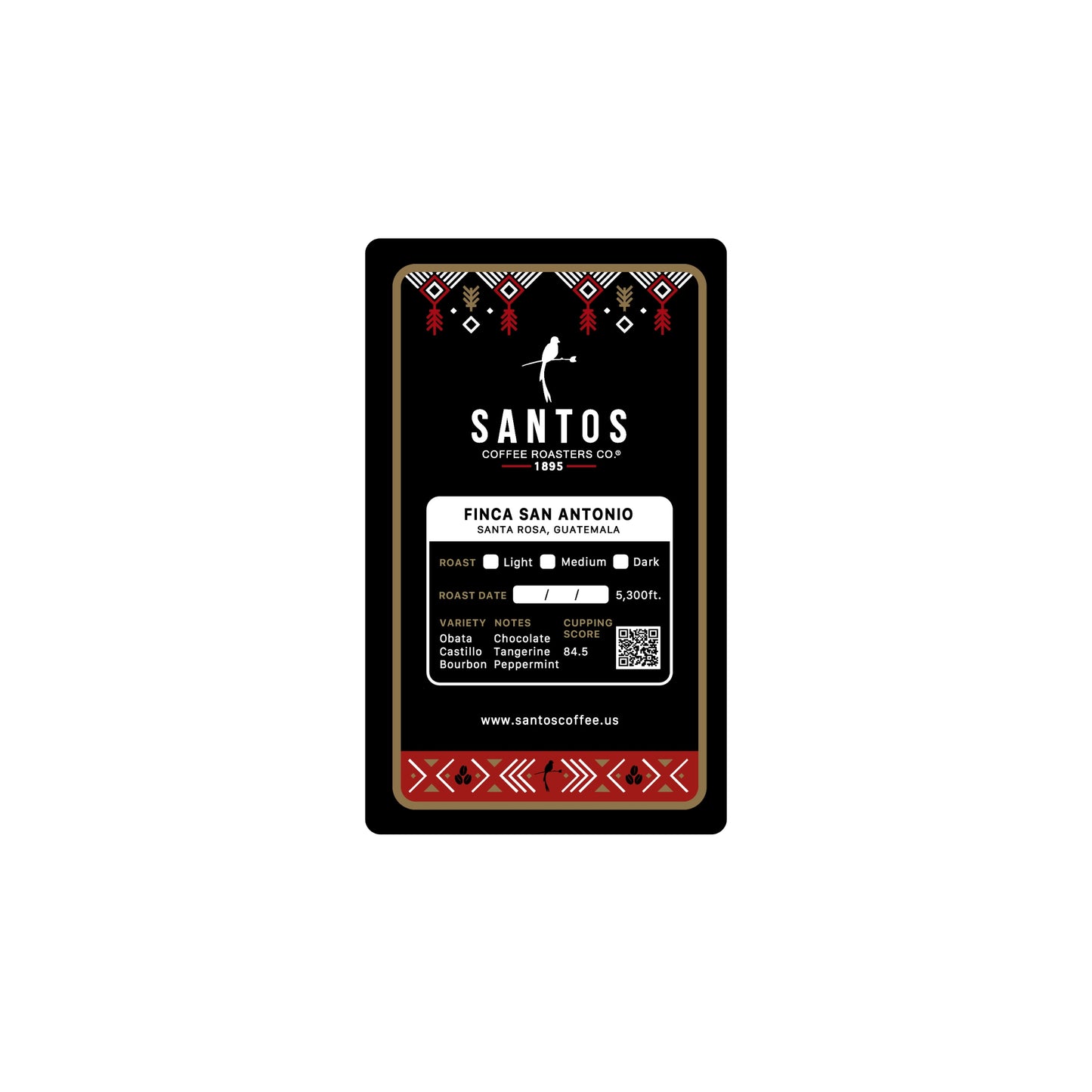Close-up of Santos Coffee San Antonio label showing Medium roast, elevation 3,900 ft, and flavor notes of chocolate, tropical fruit, and peppermint.
