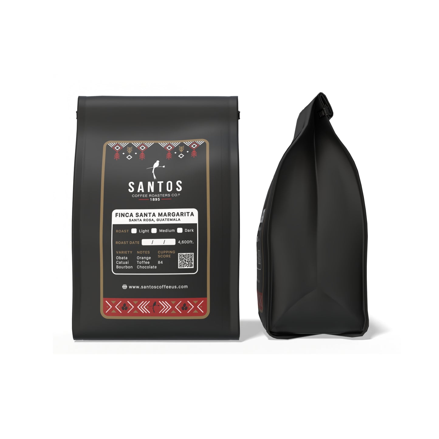 Front and side view of Santos Coffee 1 Bag per Month subscription, displayed on white background.