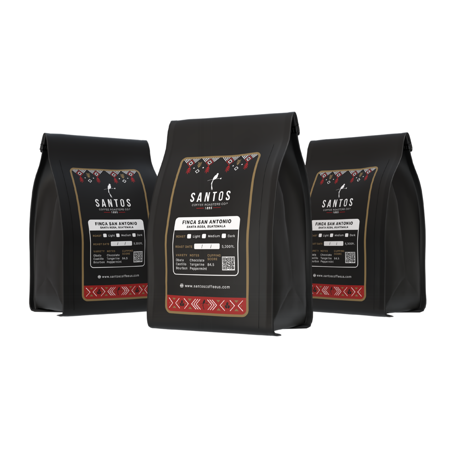 Three Santos Coffee bags from the Monthly Deal 3 Bags per Month subscription, displayed on a clean white background.