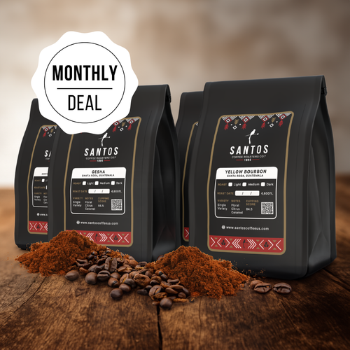 Santos Coffee Monthly Deal showing four coffee bags, with ground coffee, beans, and rustic textures on a wooden table.