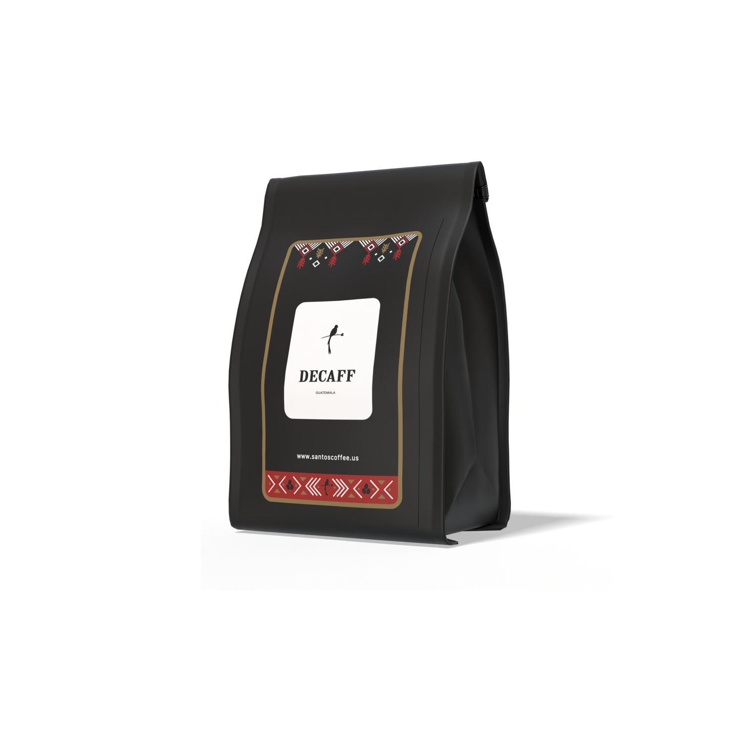 Santos Coffee Decaf Coffee bag labeled “Caffeine Free,” angled side view on white background.