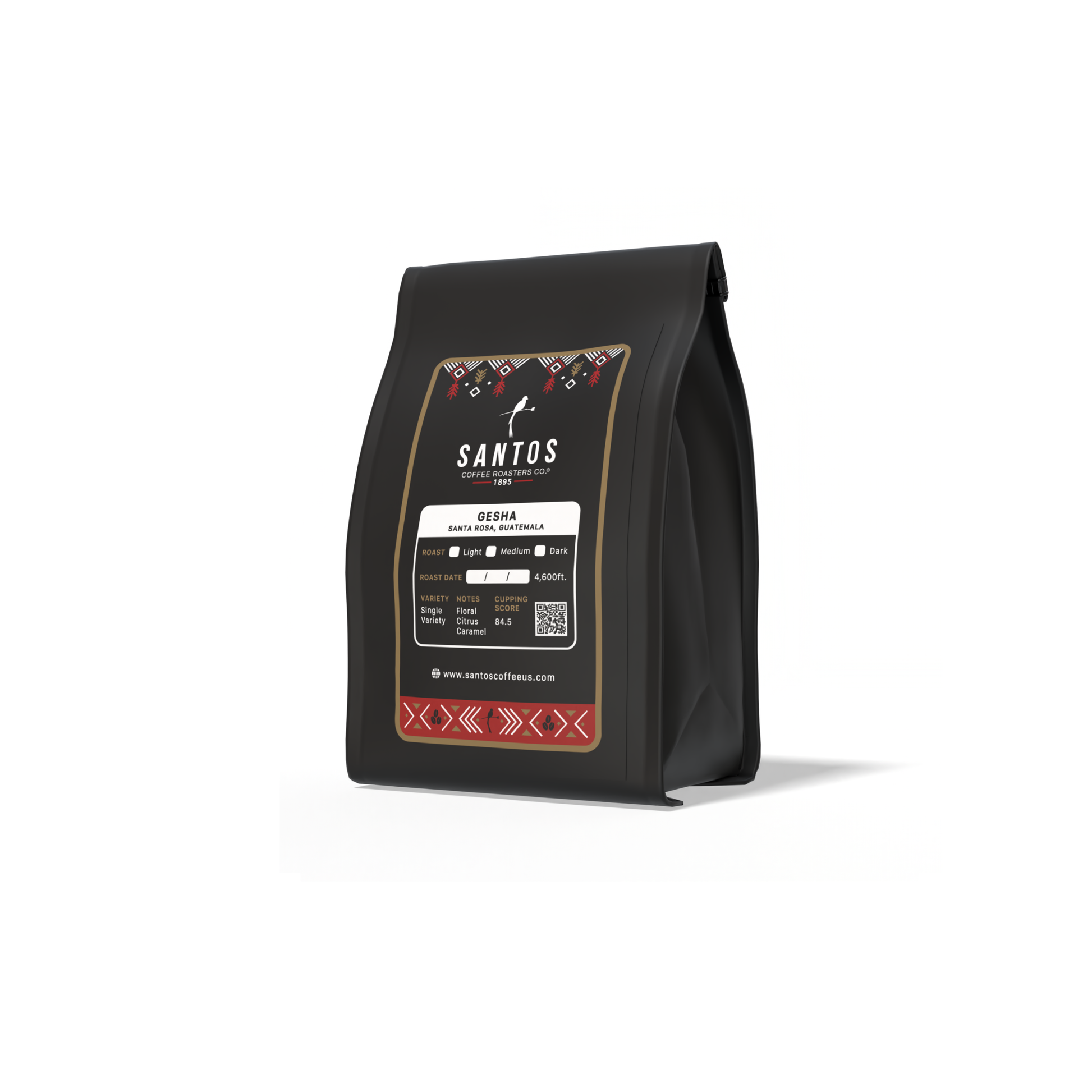 Santos Coffee Gesha Light roast coffee bag, angled side view on white background.