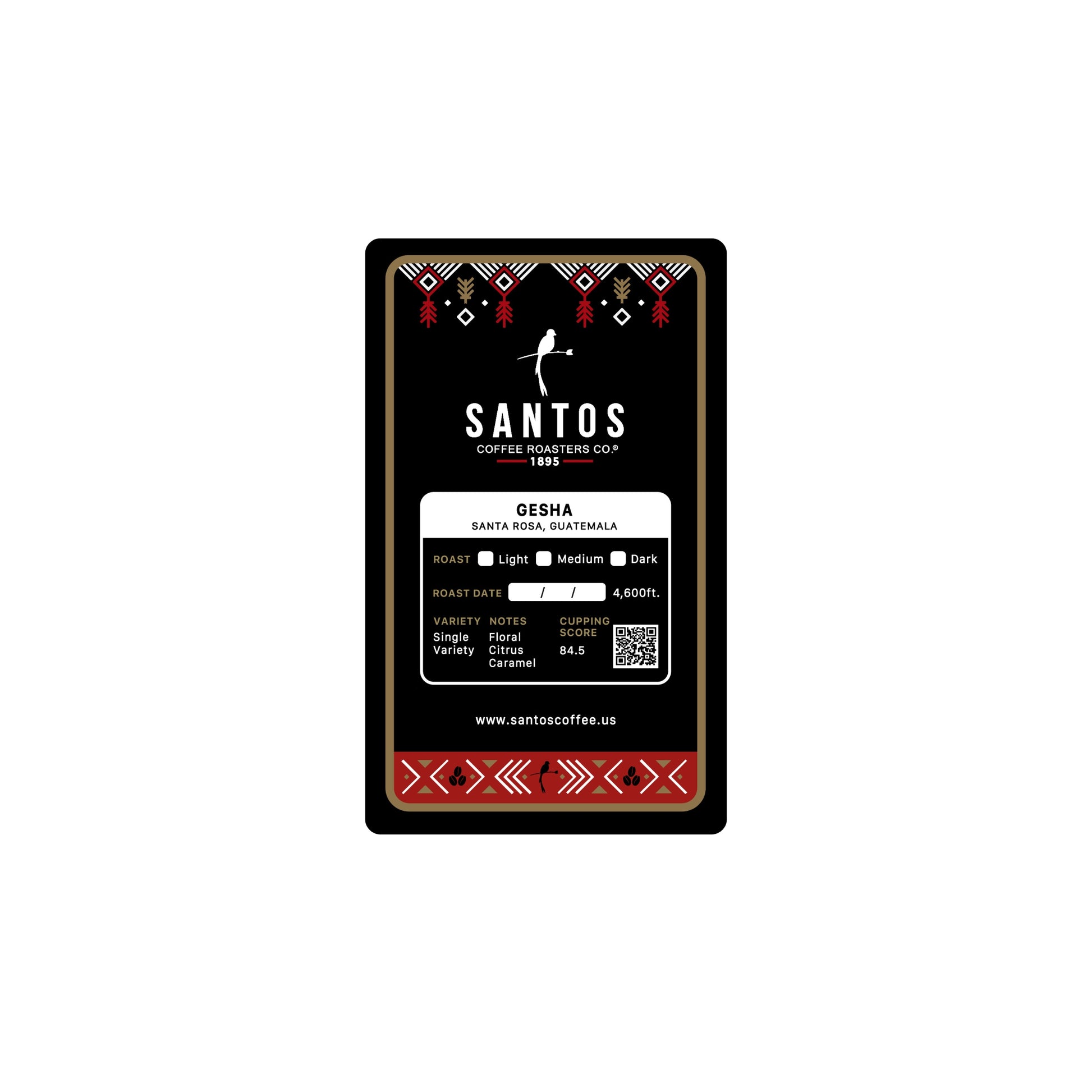 Close-up of Santos Coffee Gesha label showing Light roast, elevation 4,600 ft, and flavor notes of floral, citrus, and caramel.