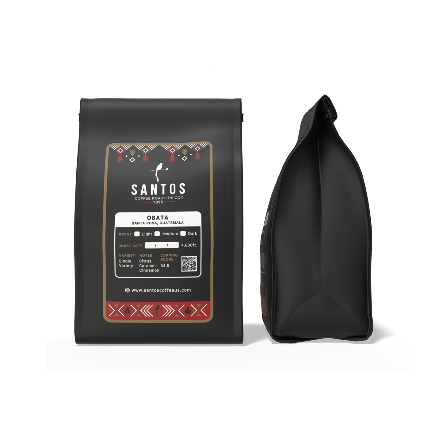 Front and side view of Santos Coffee Obata Medium-Light roast coffee bag, displayed on white background.