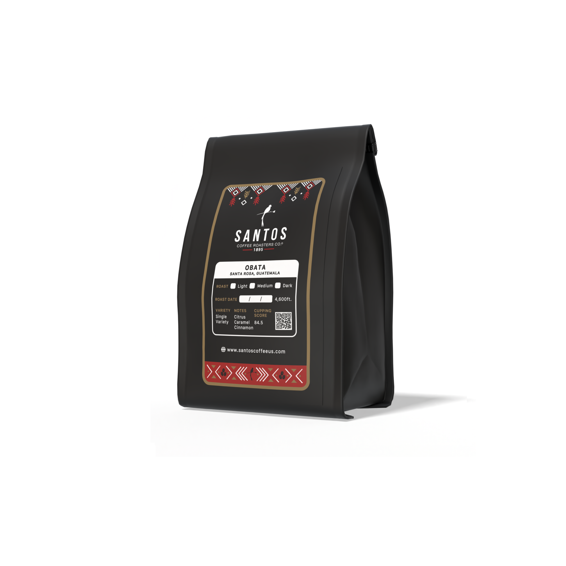 Santos Coffee Obata Medium-Light roast coffee bag, angled side view on white background.
