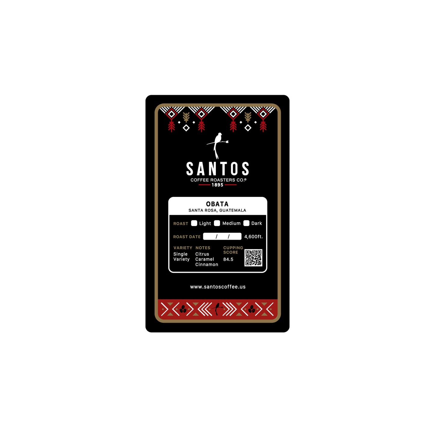 Close-up of Santos Coffee Obata label showing Medium-Light roast, elevation 4,600 ft, and flavor notes of citrus, caramel, and cinnamon.