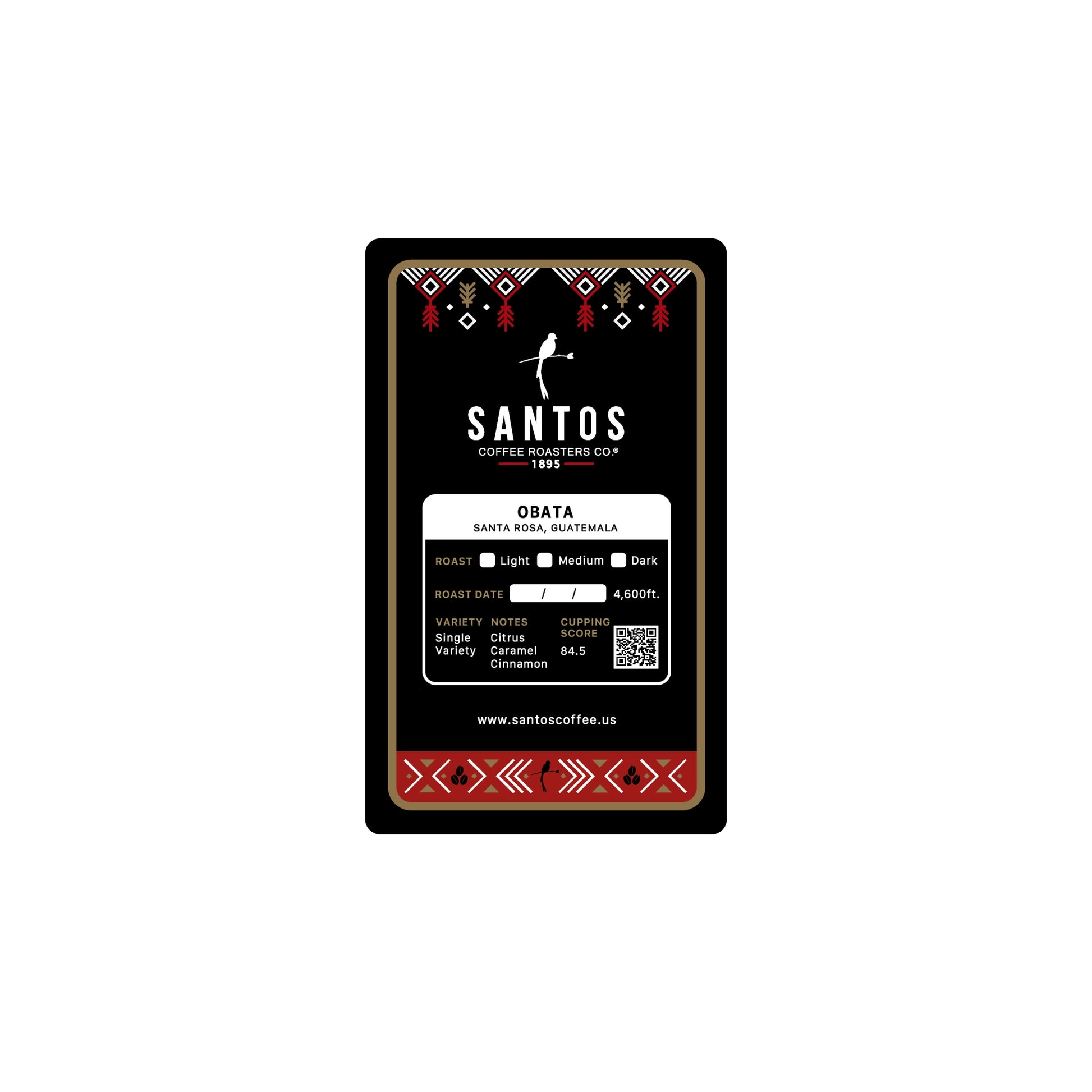 Close-up of Santos Coffee Obata label showing Medium-Light roast, elevation 4,600 ft, and flavor notes of citrus, caramel, and cinnamon.