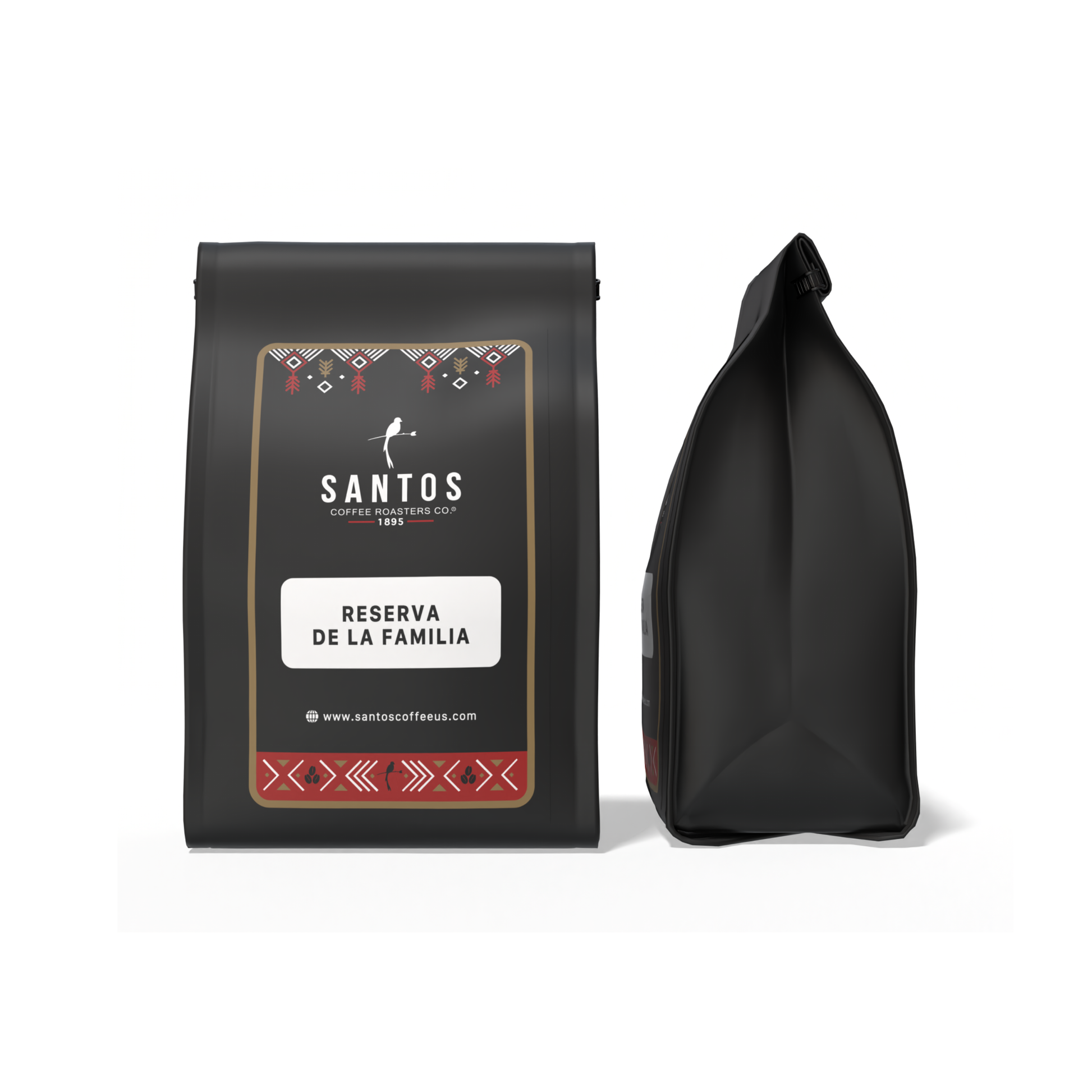 Front and side view of Santos Coffee Reserva de la Familia Limited Edition coffee bag, displayed on white background.