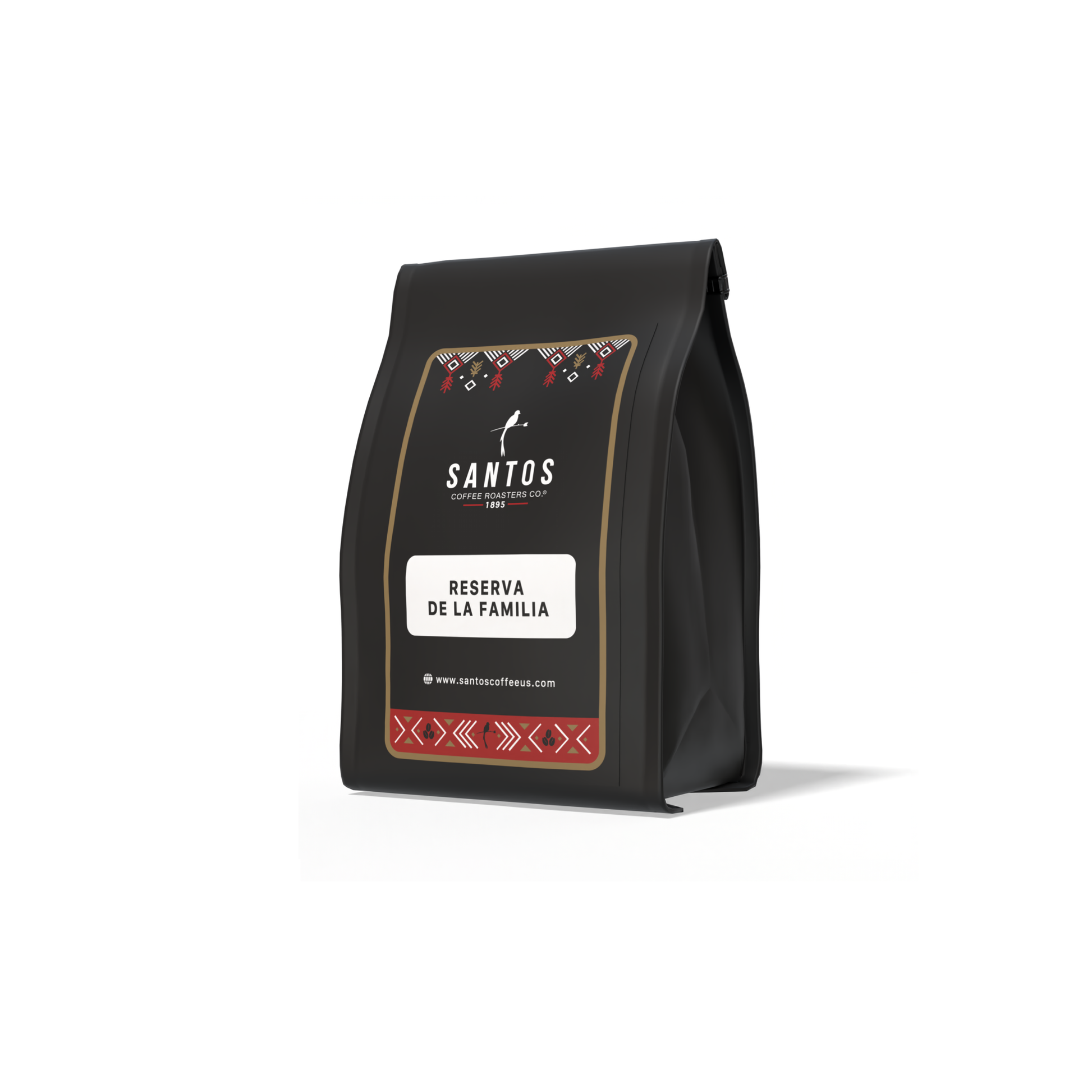 Santos Coffee Reserva de la Familia Limited Edition coffee bag, angled side view on white background.