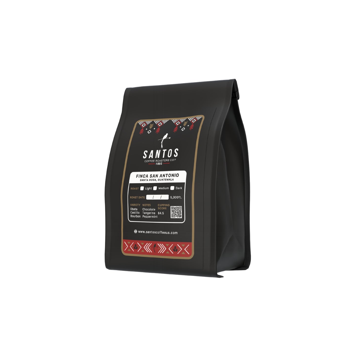 Santos Coffee San Antonio Medium roast coffee bag, angled side view on white background.