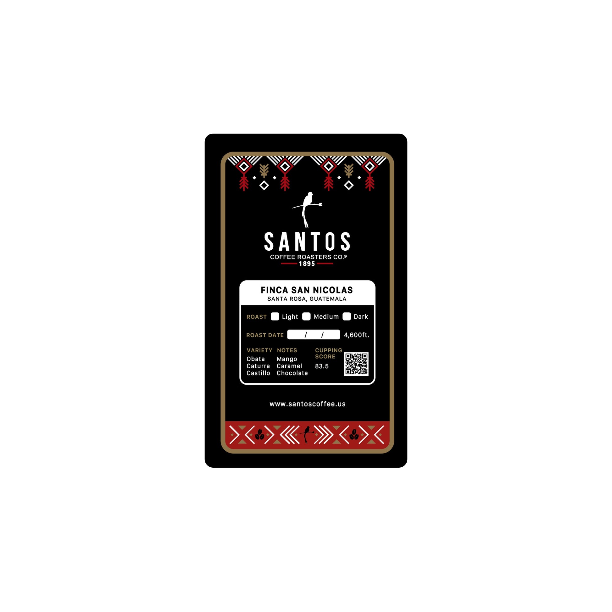 Close-up of Santos Coffee San Nicolás label showing Medium roast, elevation 4,600 ft, and flavor notes of mango, caramel, and chocolate.