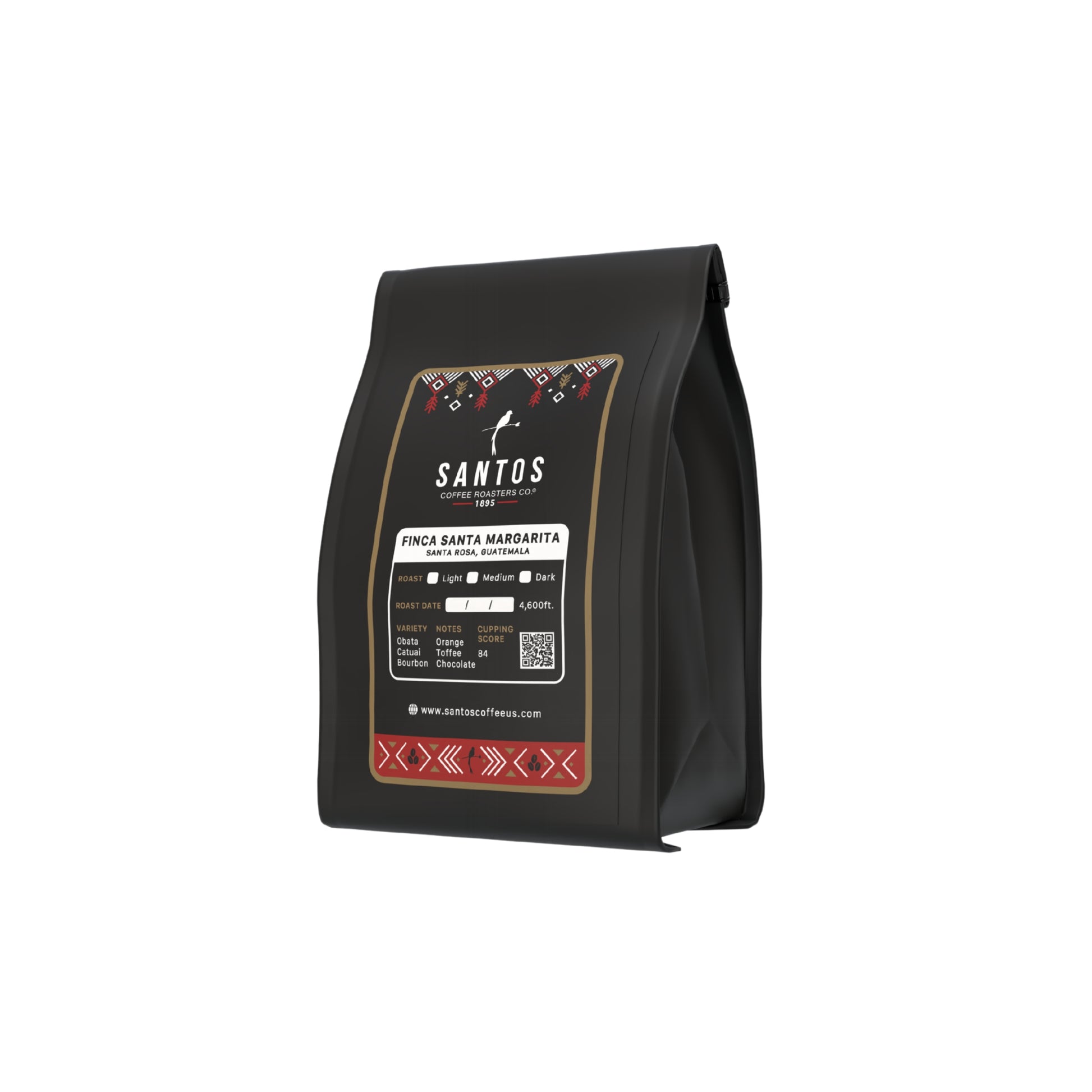 Santos Coffee Santa Margarita Medium-Dark roast coffee bag, angled side view on white background.