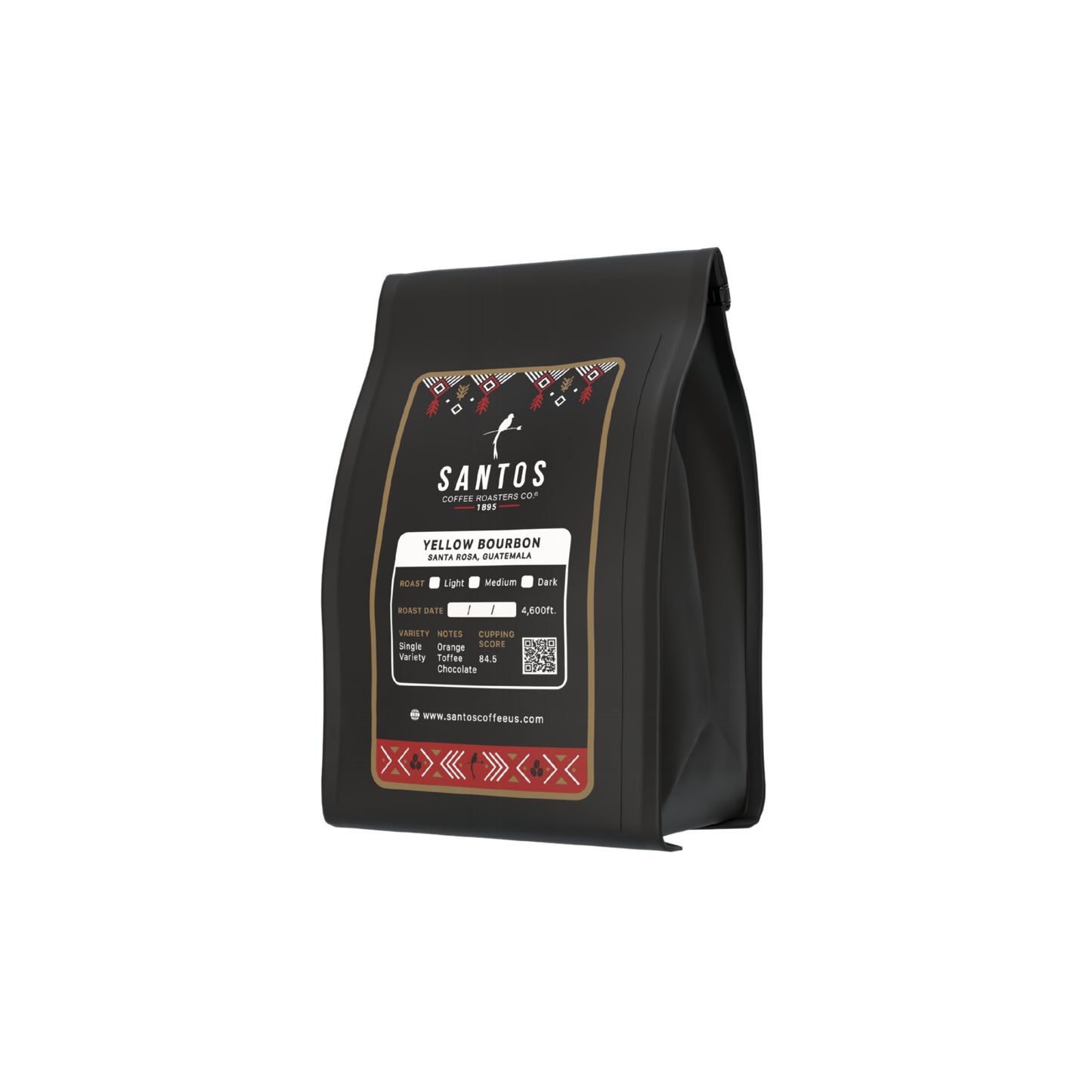 Santos Coffee Yellow Bourbon Medium roast coffee bag, angled side view on white background.